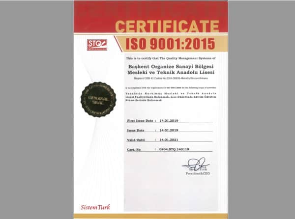 Okulumuz ISO 9001:2015 Kalite Belgesi aldı
